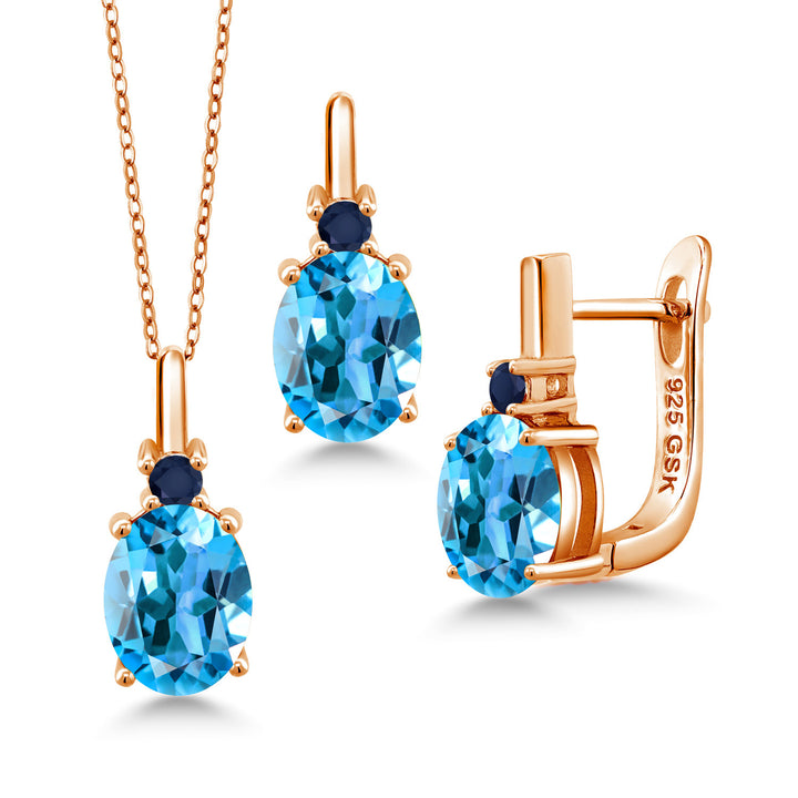 Swiss Blue Topaz - November_Pendant Earrings Set in 925 Rose Gold Plated Silver