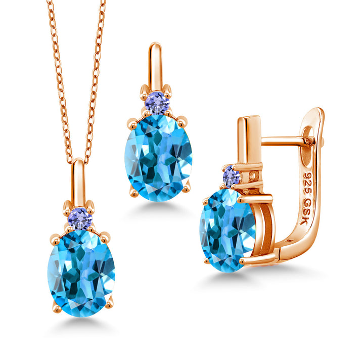 Swiss Blue Topaz - November_Pendant Earrings Set in 925 Rose Gold Plated Silver