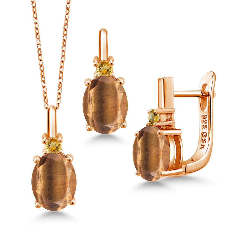 Brown Tiger Eye_Pendant Earrings Set in 925 Rose Gold Plated Silver
