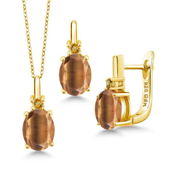 Brown Tiger Eye_Pendant Earrings Set in 925 Yellow Gold Plated Silver