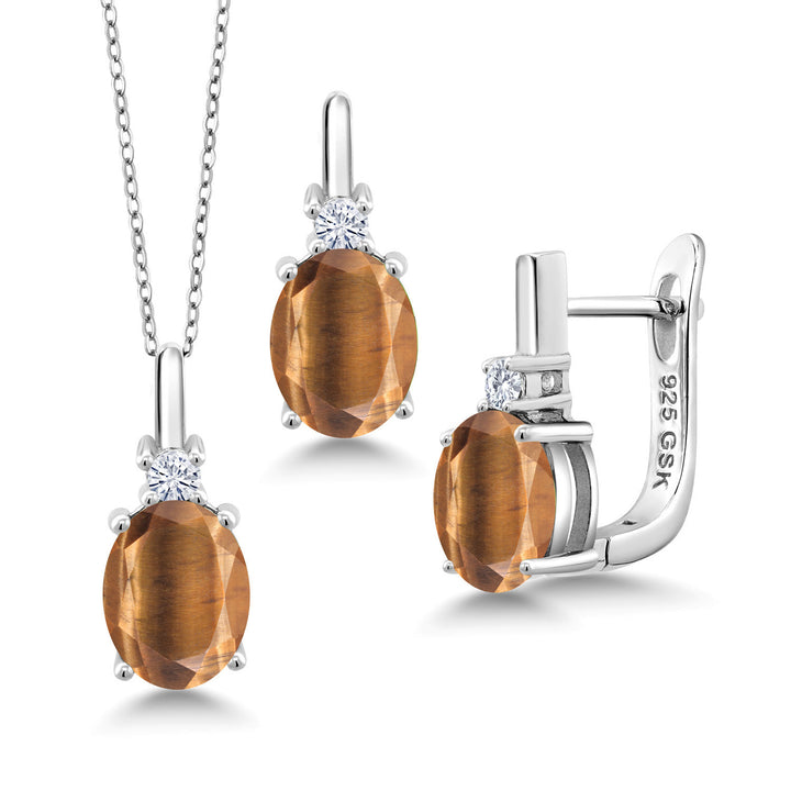 Brown Tiger Eye_Pendant Earrings Set in 925 Sterling Silver