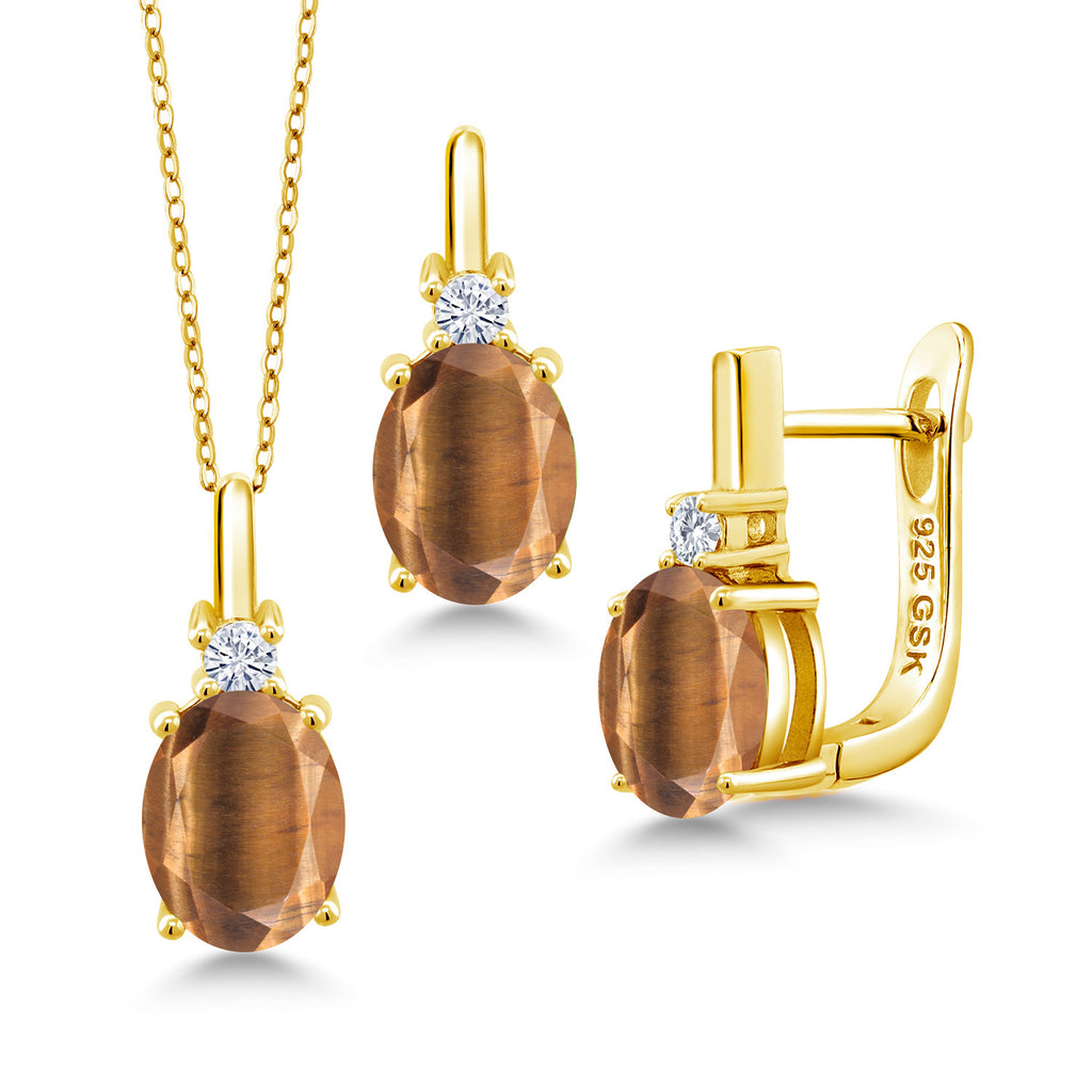 Brown Tiger Eye_Pendant Earrings Set in 925 Yellow Gold Plated Silver