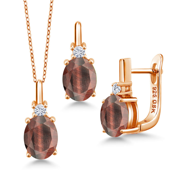 Red Tiger Eye_Pendant Earrings Set in 925 Rose Gold Plated Silver