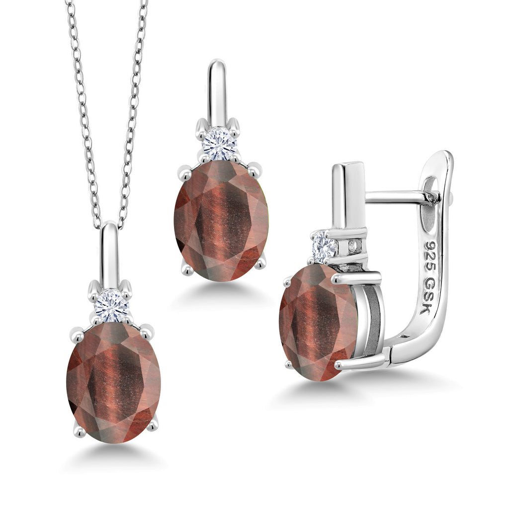 Red Tiger Eye_Pendant Earrings Set in 925 Sterling Silver