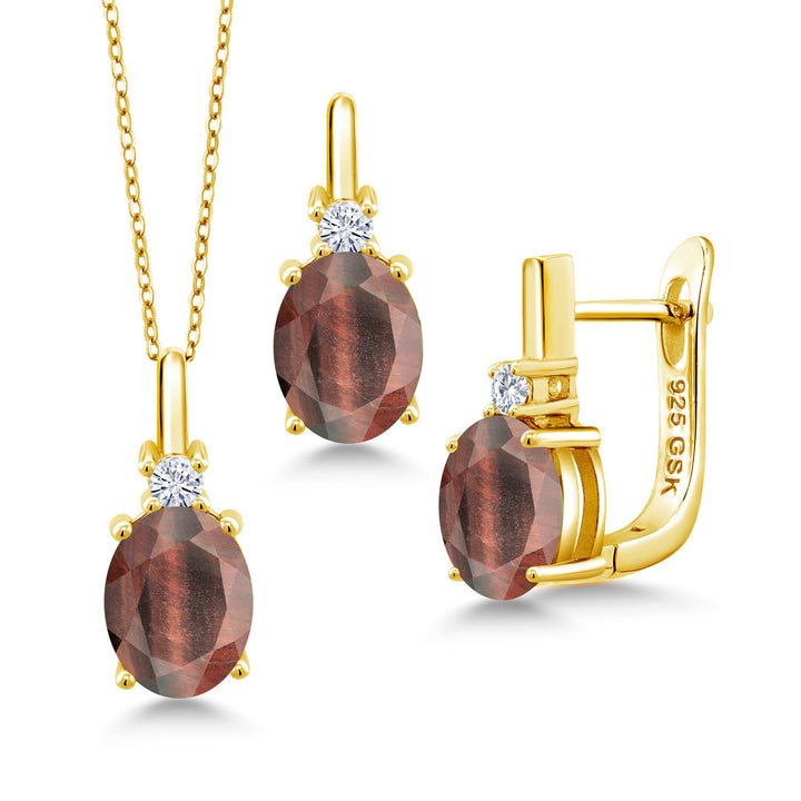 Red Tiger Eye_Pendant Earrings Set in 925 Yellow Gold Plated Silver