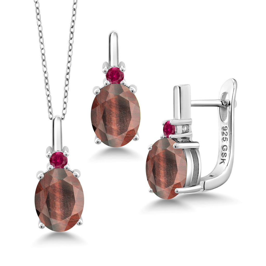 Red Tiger Eye_Pendant Earrings Set in 925 Sterling Silver