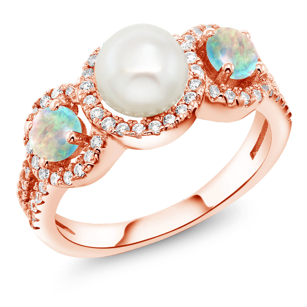 White Simulated Opal-Cabochon - October_5_Ring in 925 Rose Gold Plated Silver