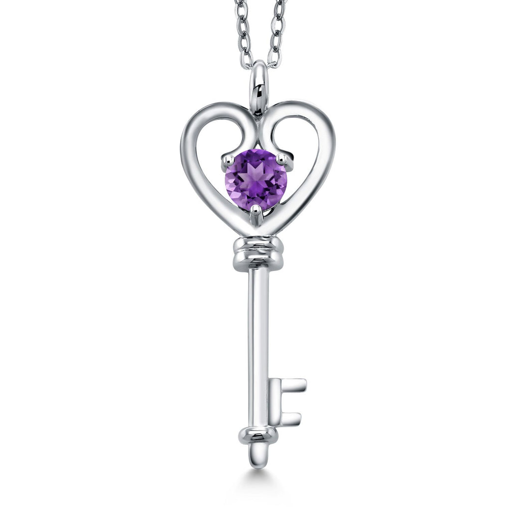 Gem Stone King Heart Key Pendant Necklace For Women In 925 Sterling Silver | Round 5MM | Gemstone Birthstone | Mom Wife Birthday Anniversary Graduation Gifts | With 18 Inch Silver Chain
