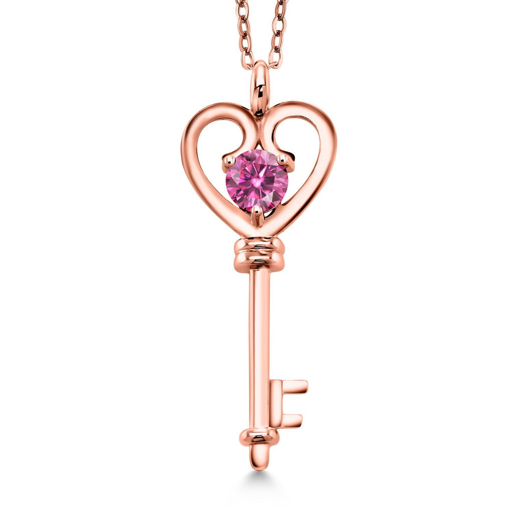 Gem Stone King 18K Rose Gold Plated Silver Heart Key Pendant Necklace For Women | Round 5MM | Gemstone Birthstone | Mom Wife Birthday Anniversary Graduation Gifts | With 18 Inch Silver Chain