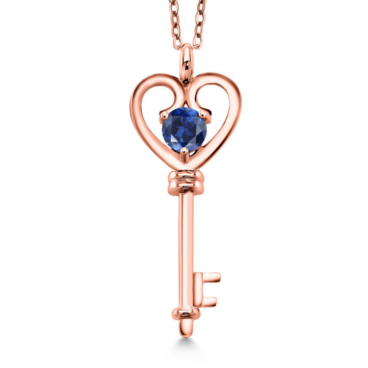 Blue Created Sapphire - September_Pendant in 925 Rose Gold Plated Silver