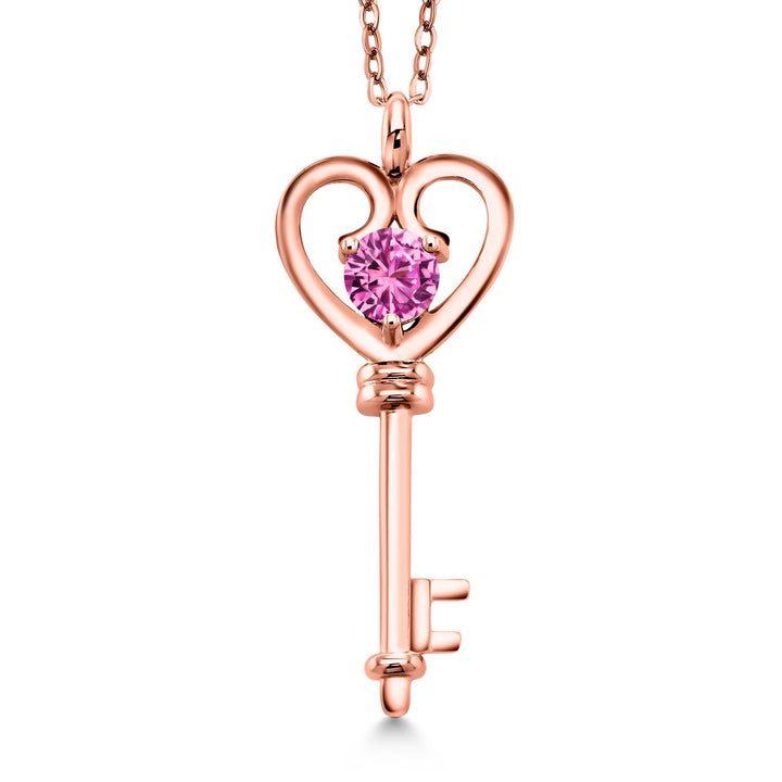 Gem Stone King 18K Rose Gold Plated Silver Heart Key Pendant Necklace For Women | Round 5MM | Gemstone Birthstone | Mom Wife Birthday Anniversary Graduation Gifts | With 18 Inch Silver Chain