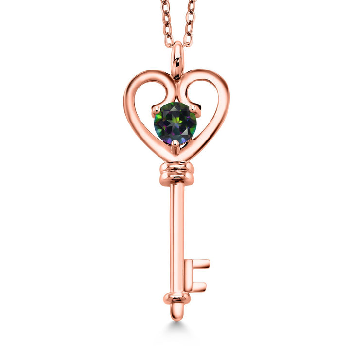 Gem Stone King 18K Rose Gold Plated Silver Heart Key Pendant Necklace For Women | Round 5MM | Gemstone Birthstone | Mom Wife Birthday Anniversary Graduation Gifts | With 18 Inch Silver Chain