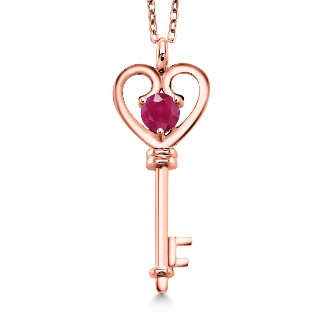 Gem Stone King 18K Rose Gold Plated Silver Heart Key Pendant Necklace For Women | Round 5MM | Gemstone Birthstone | Mom Wife Birthday Anniversary Graduation Gifts | With 18 Inch Silver Chain