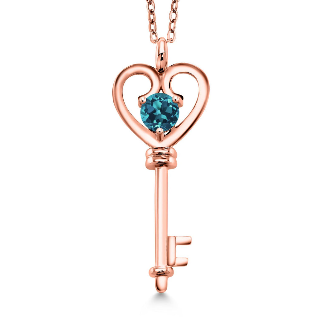 Gem Stone King 18K Rose Gold Plated Silver Heart Key Pendant Necklace For Women | Round 5MM | Gemstone Birthstone | Mom Wife Birthday Anniversary Graduation Gifts | With 18 Inch Silver Chain