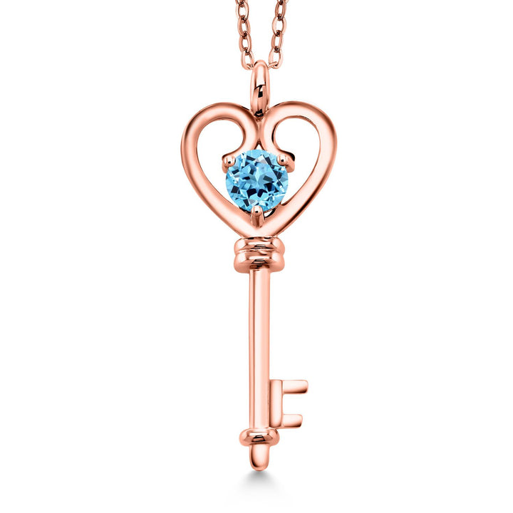 Gem Stone King 18K Rose Gold Plated Silver Heart Key Pendant Necklace For Women | Round 5MM | Gemstone Birthstone | Mom Wife Birthday Anniversary Graduation Gifts | With 18 Inch Silver Chain