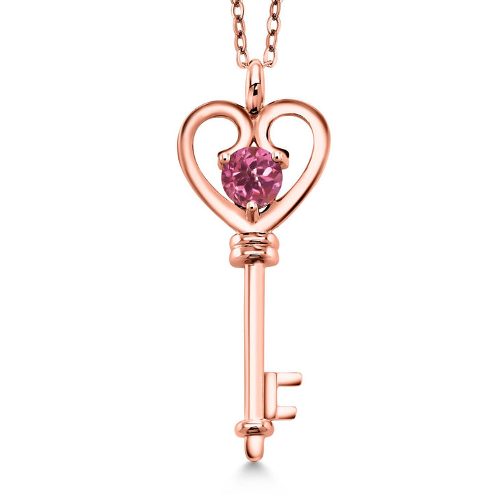 Gem Stone King 18K Rose Gold Plated Silver Heart Key Pendant Necklace For Women | Round 5MM | Gemstone Birthstone | Mom Wife Birthday Anniversary Graduation Gifts | With 18 Inch Silver Chain