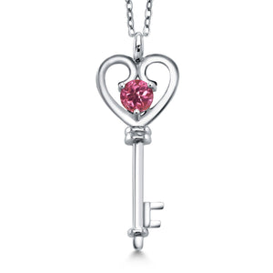 Sterling silver heart key pendant necklace with a round pink gemstone inside the heart
