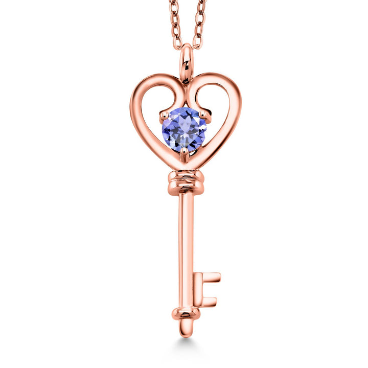 Gem Stone King 18K Rose Gold Plated Silver Heart Key Pendant Necklace For Women | Round 5MM | Gemstone Birthstone | Mom Wife Birthday Anniversary Graduation Gifts | With 18 Inch Silver Chain