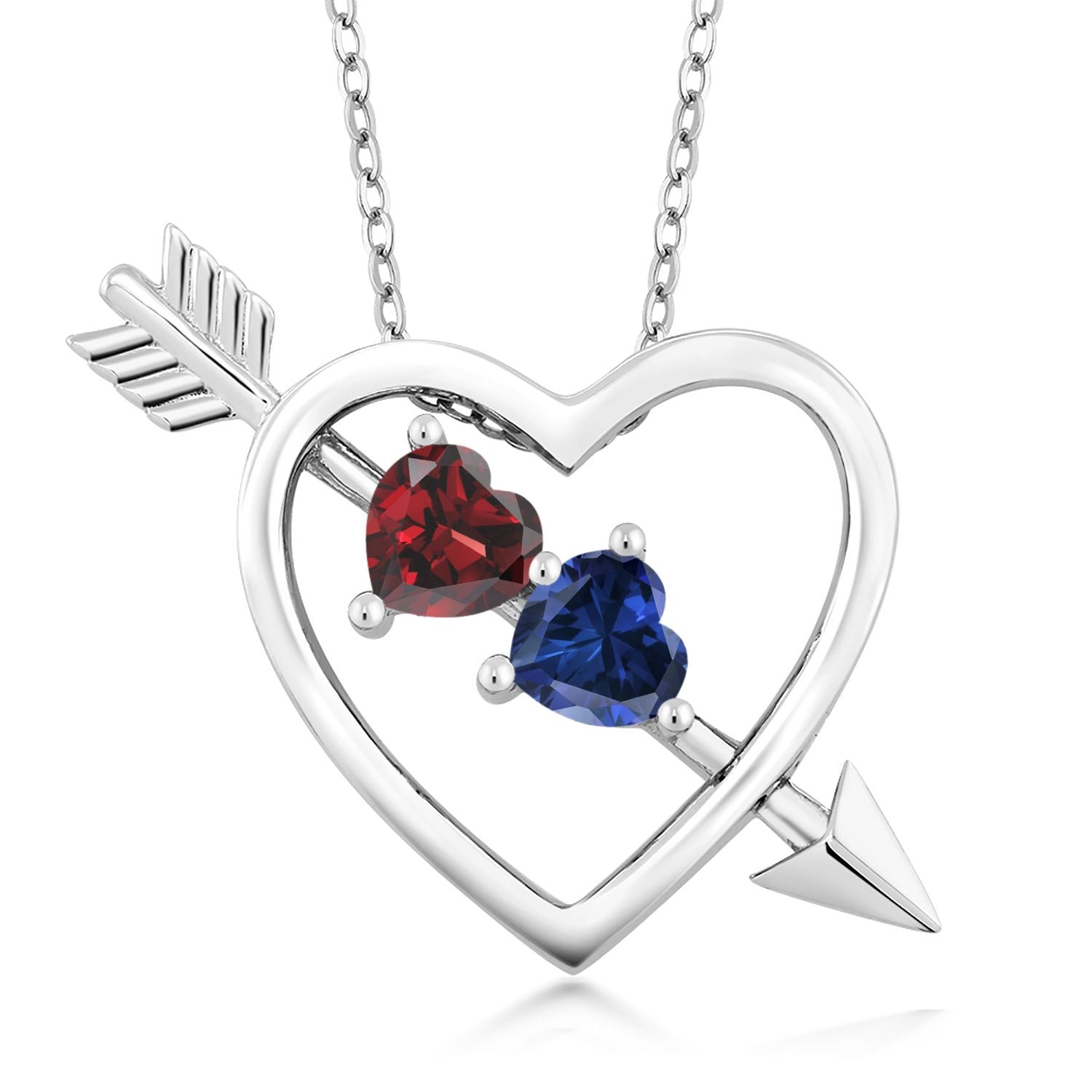 925 Sterling Silver Red Garnet and Blue Created Sapphire Heart and Arrow Pendant Necklace For Women (1.16 Cttw, with 18 Inch Silver Chain)