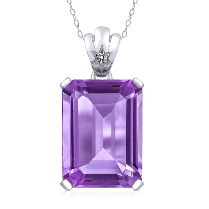 925 Sterling Silver Purple Amethyst and White Diamond Pendant Necklace For Women (15.03 Cttw, Gemstone Birthstone, Emerald Cut 18X13MM, with 18 Inch Chain)