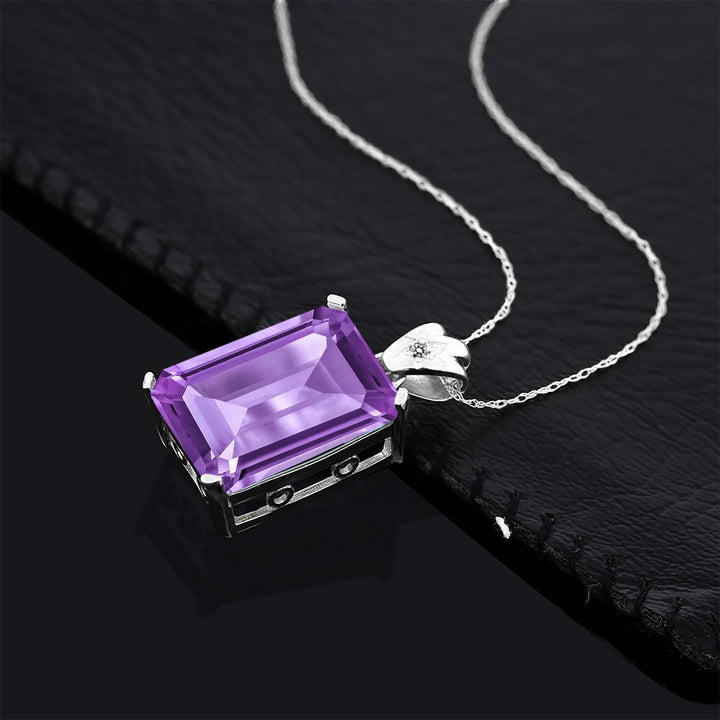 925 Sterling Silver Purple Amethyst and White Diamond Pendant Necklace For Women (15.03 Cttw, Gemstone Birthstone, Emerald Cut 18X13MM, with 18 Inch Chain)