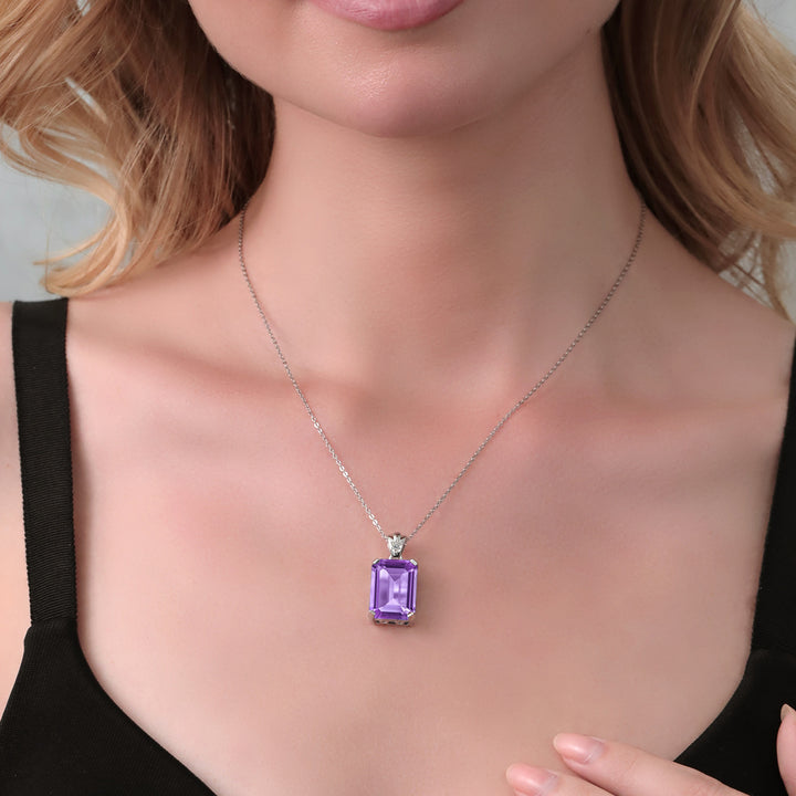 925 Sterling Silver Purple Amethyst and White Diamond Pendant Necklace For Women (15.03 Cttw, Gemstone Birthstone, Emerald Cut 18X13MM, with 18 Inch Chain)