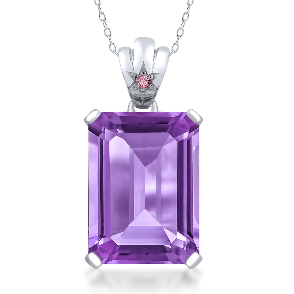 Gem Stone King 925 Sterling Silver Gemstone Birthstone and Pink Lab Grown Diamond Pendant Necklace for Women | Emerald Cut 18X13MM with 1.8MM Accent in Star-Set Bail | 18 Inch Chain | Fine Jewelry for Her Mom Wife