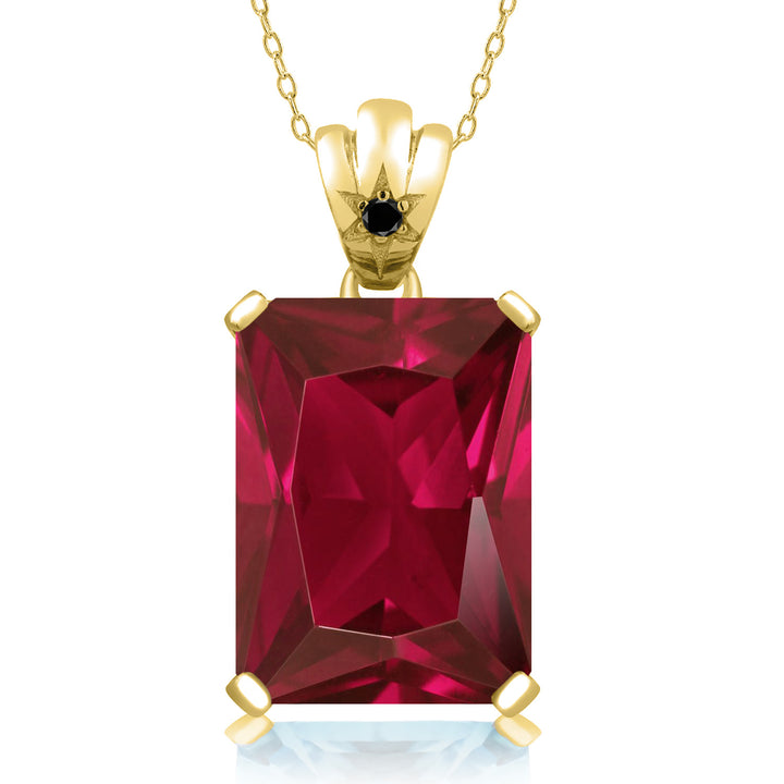 Created Ruby - Black Diamond_Pendant in 925 Yellow Gold Plated Silver