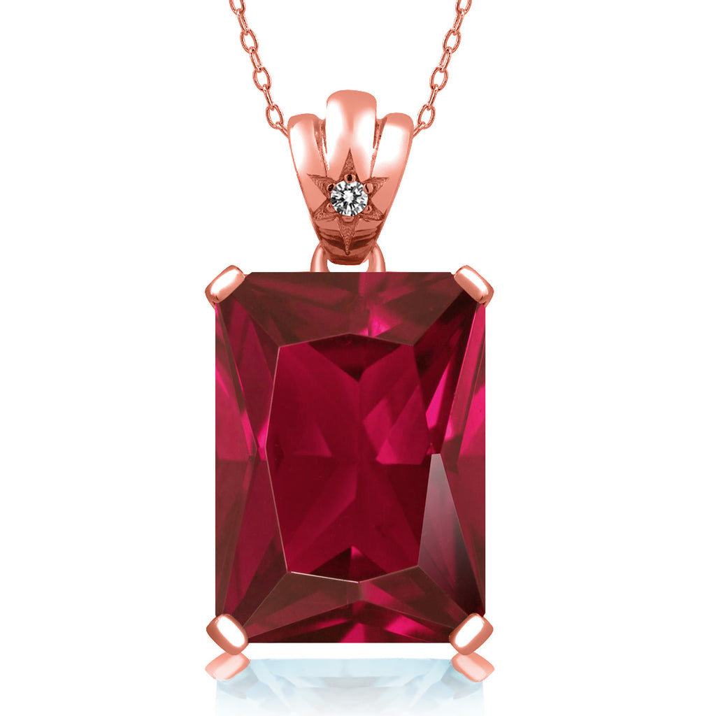 Created Ruby - White Diamond_Pendant in 925 Rose Gold Plated Silver