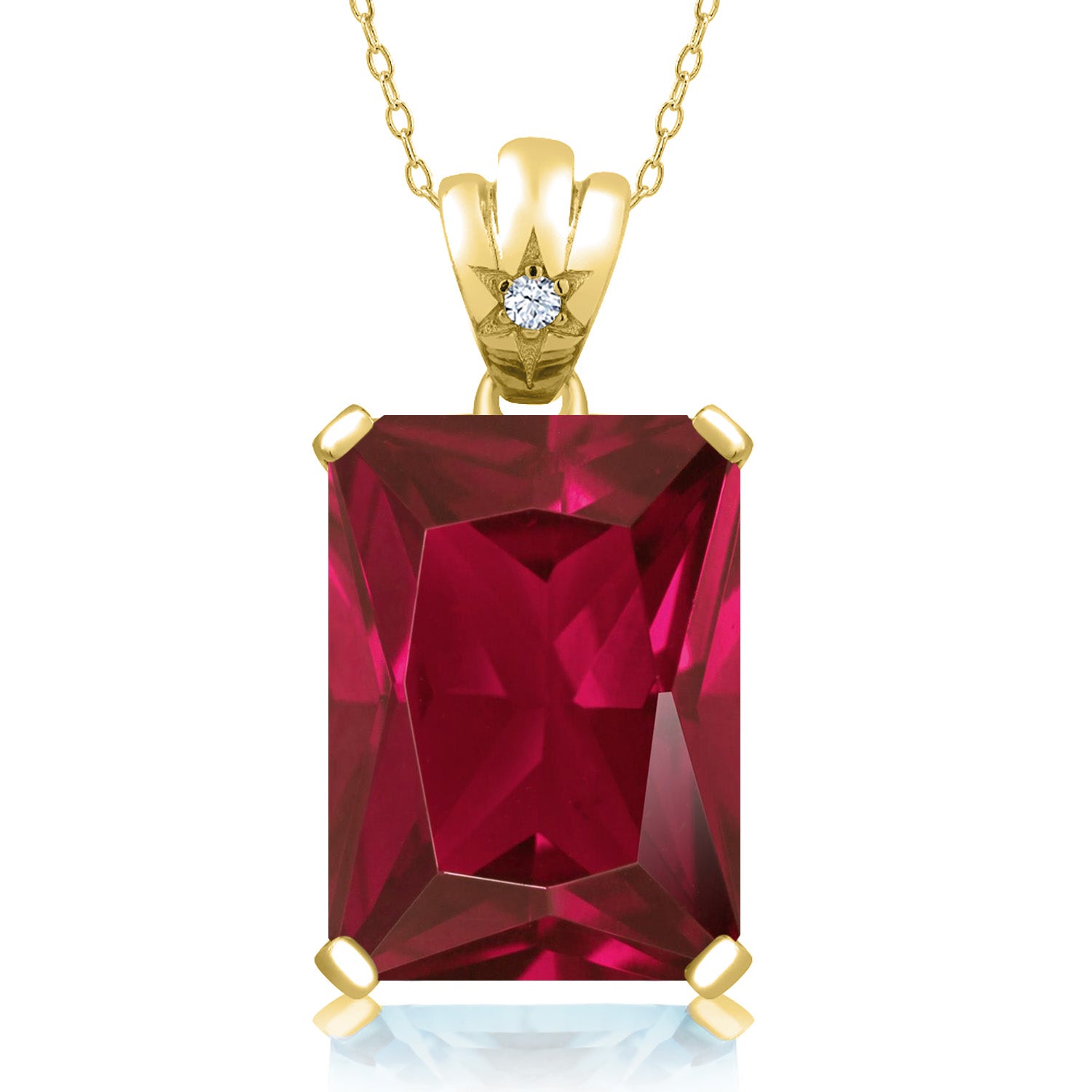 20.03 Cttw 18K Yellow Gold Plated Silver Red Created Ruby and White Topaz Pendant Necklace For Women | Emerald Cut 18X13MM | With 18 Inch Chain