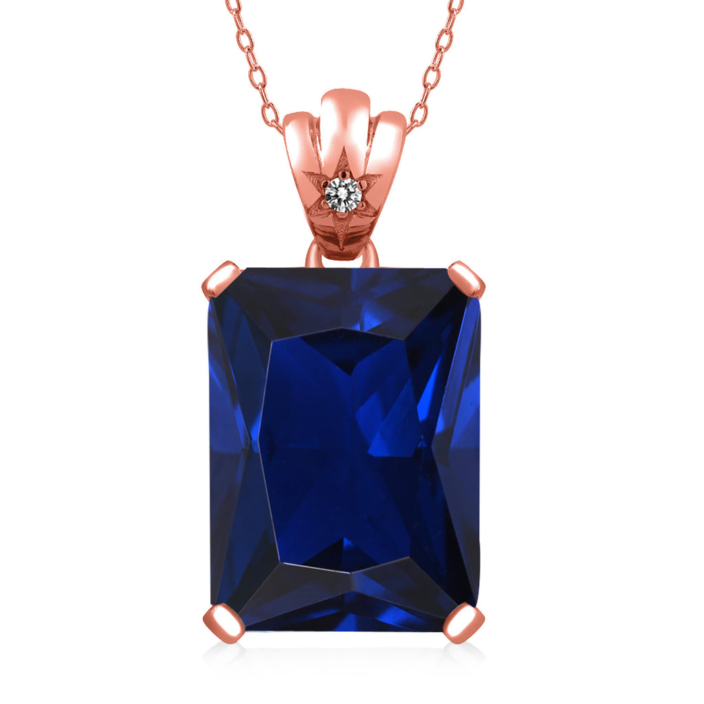 Blue Created Sapphire - White Diamond_Pendant in 925 Rose Gold Plated Silver