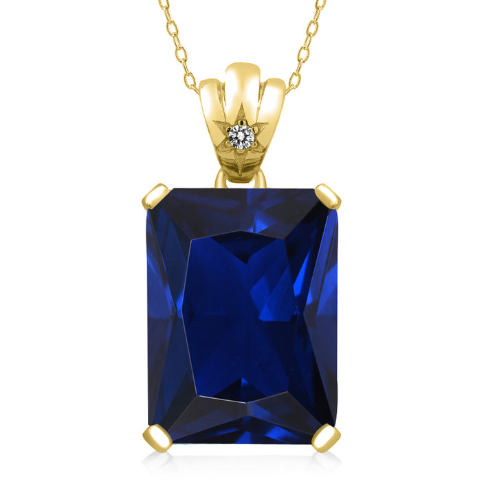 Blue Created Sapphire - White Diamond_Pendant in 925 Yellow Gold Plated Silver