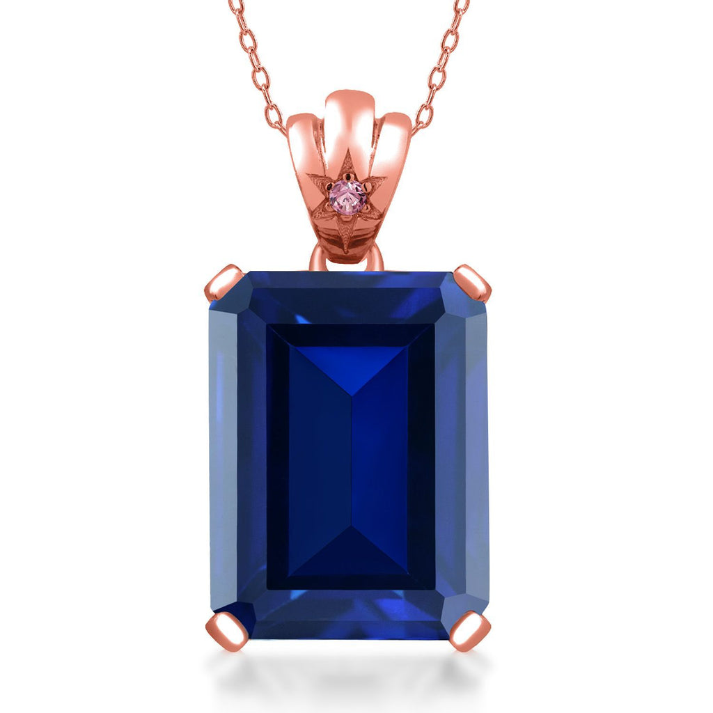 Blue Created Sapphire - September_Pendant in 925 Rose Gold Plated Silver