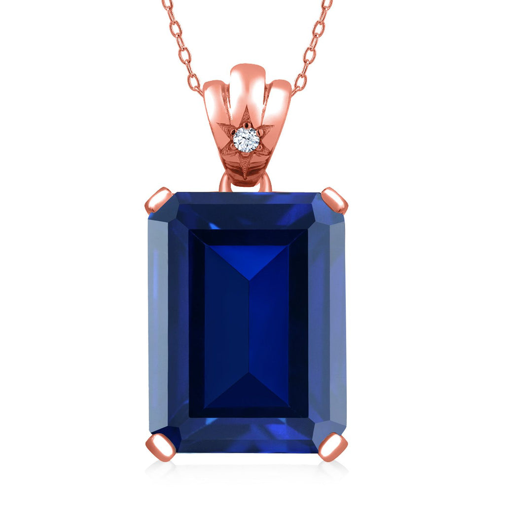 Blue Created Sapphire - September_Pendant in 925 Rose Gold Plated Silver