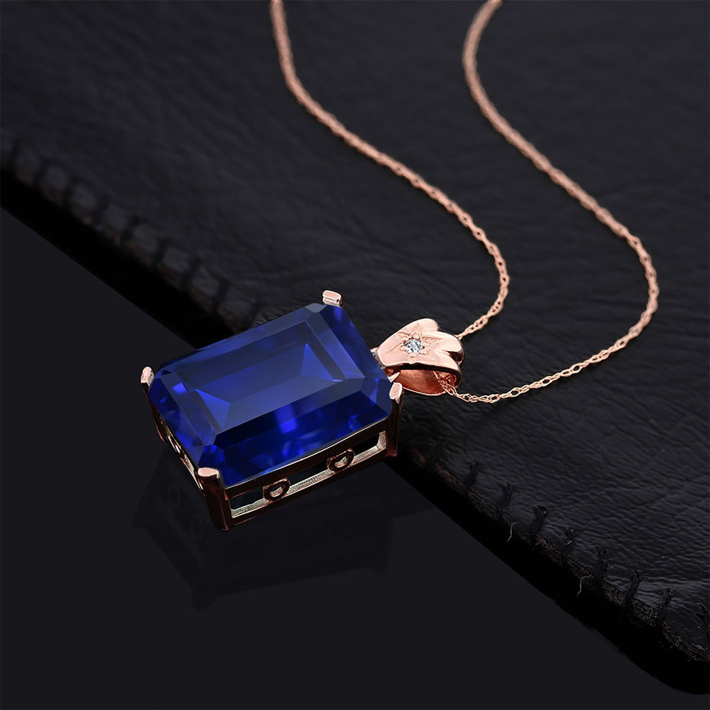 Blue Created Sapphire - September_Pendant in 925 Rose Gold Plated Silver