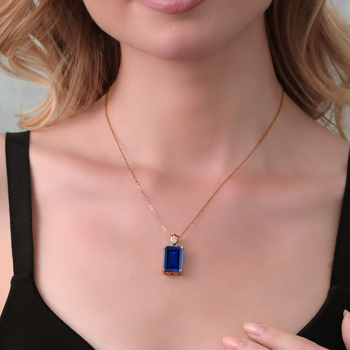 Blue Created Sapphire - September_Pendant in 925 Rose Gold Plated Silver