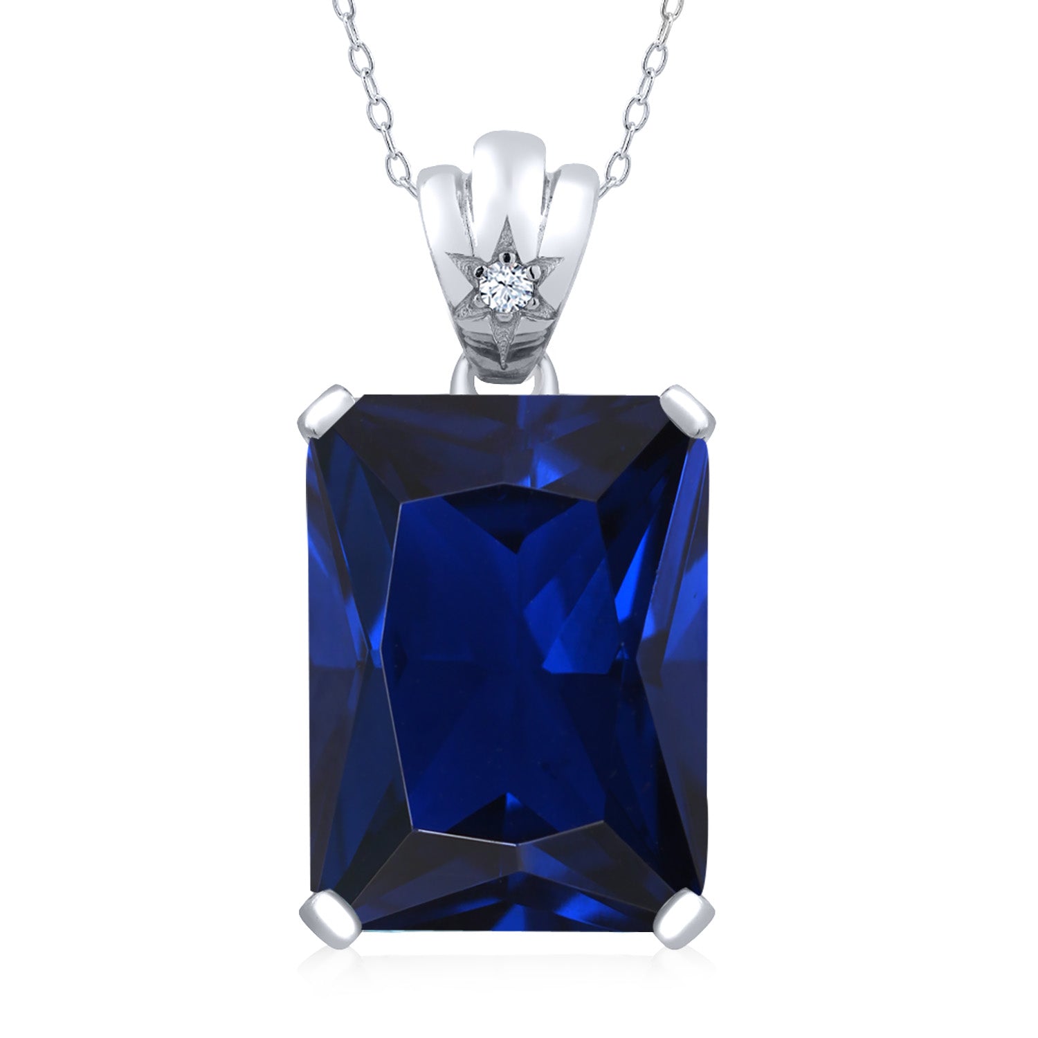 17.53 Cttw Blue Created Sapphire and White Topaz Pendant Necklace For Women In 925 Sterling Silver | Emerald Cut 18X13MM | With 18 Inch Silver Chain