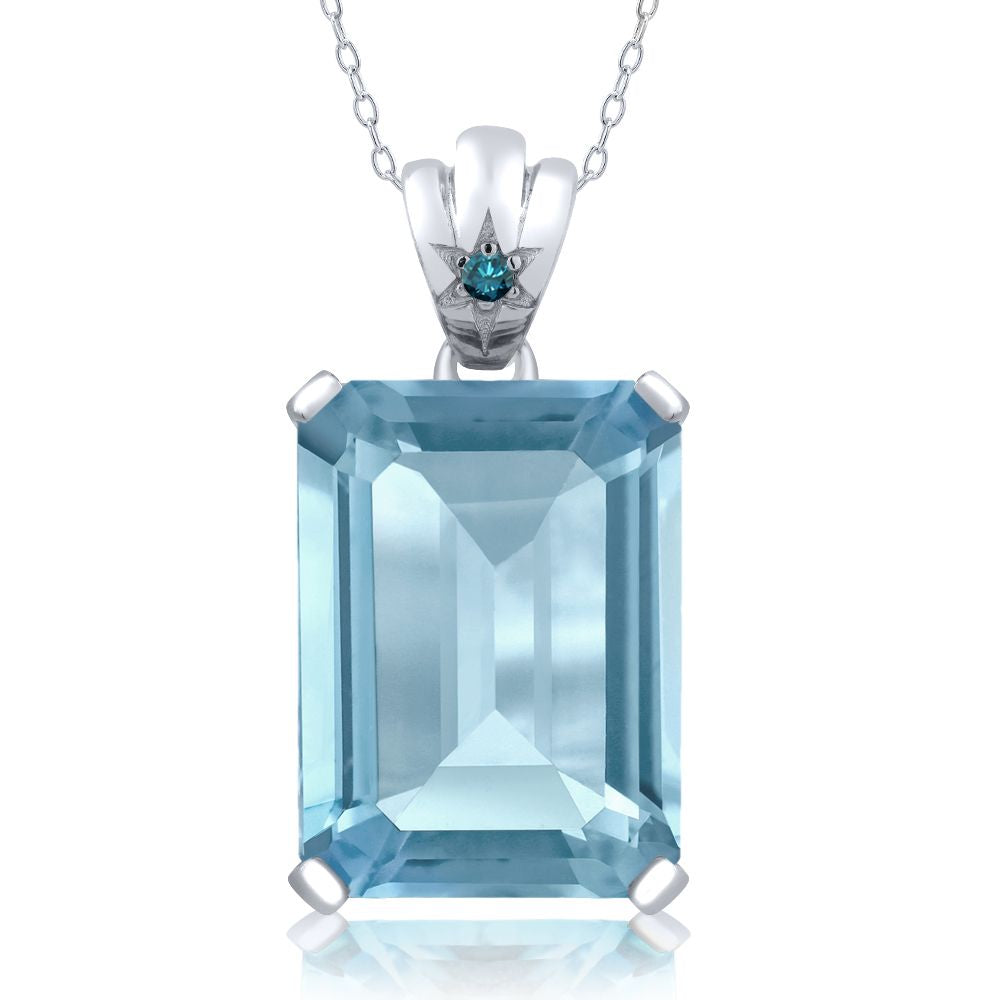 Gem Stone King 11-20 Cttw Gemstone Birthstone and Diamond Pendant Necklace for Women | 925 Sterling Silver | Emerald Cut 18X13MM | Round 1.8MM Accent | Fine Jewelry Gifts for Her Mom Wife | 18 Inch Chain
