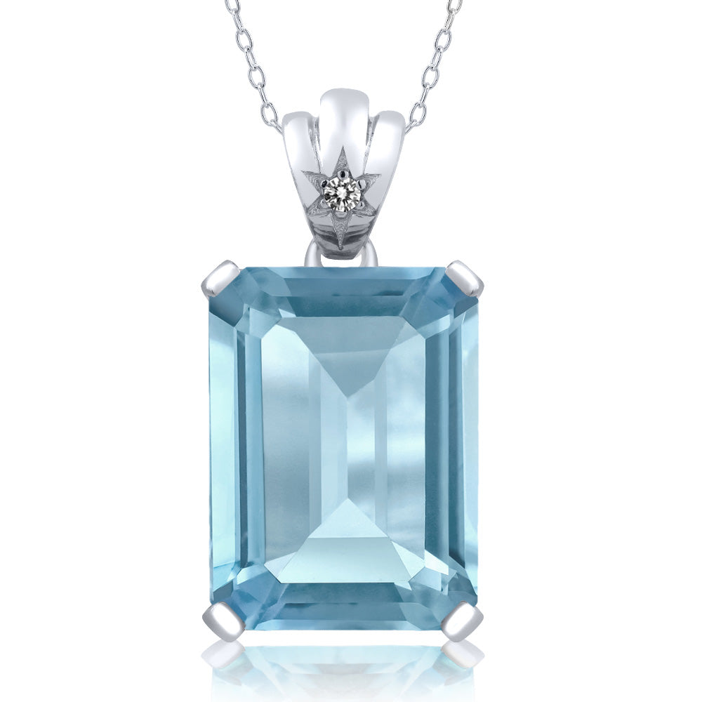 925 Sterling Silver Sky Blue Topaz and White Diamond Pendant Necklace For Women (15.03 Cttw, Emerald Cut 18X13MM, Gemstone Birthstone, With 18 Inch Silver Chain)