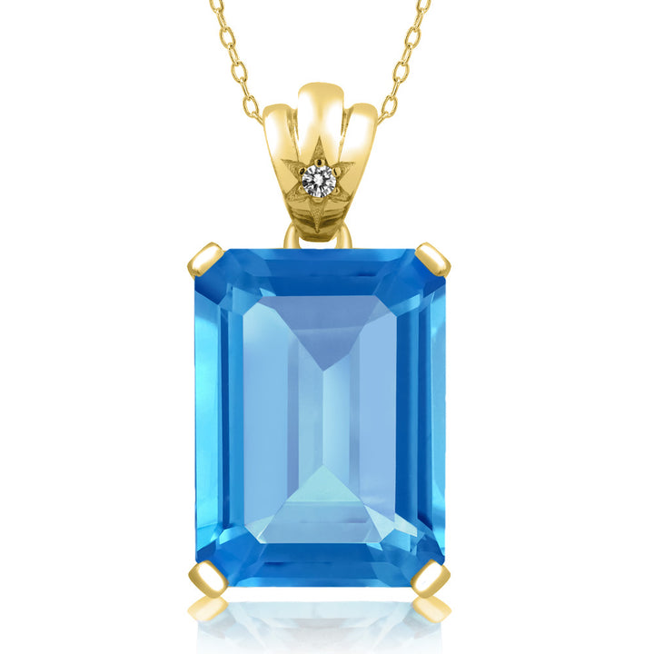 Swiss Blue Topaz - White Diamond_Pendant in 925 Yellow Gold Plated Silver