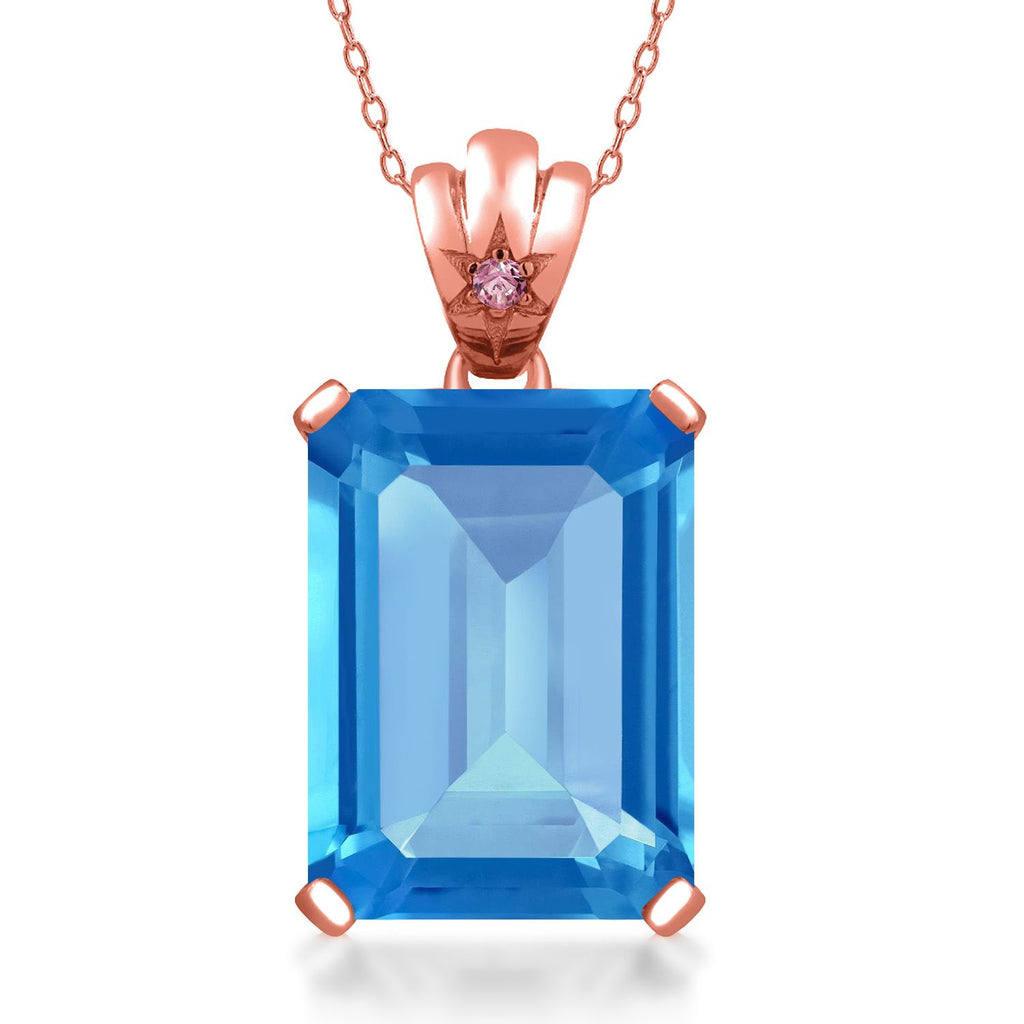 Gem Stone King Gemstone Birthstone and Pink Lab Grown Diamond Pendant Necklace for Women in 18K Rose Gold Plated Silver | Emerald Cut 18X13MM with 1.8MM Accent | 18 Inch Chain | Fine Jewelry for Her Mom Wife