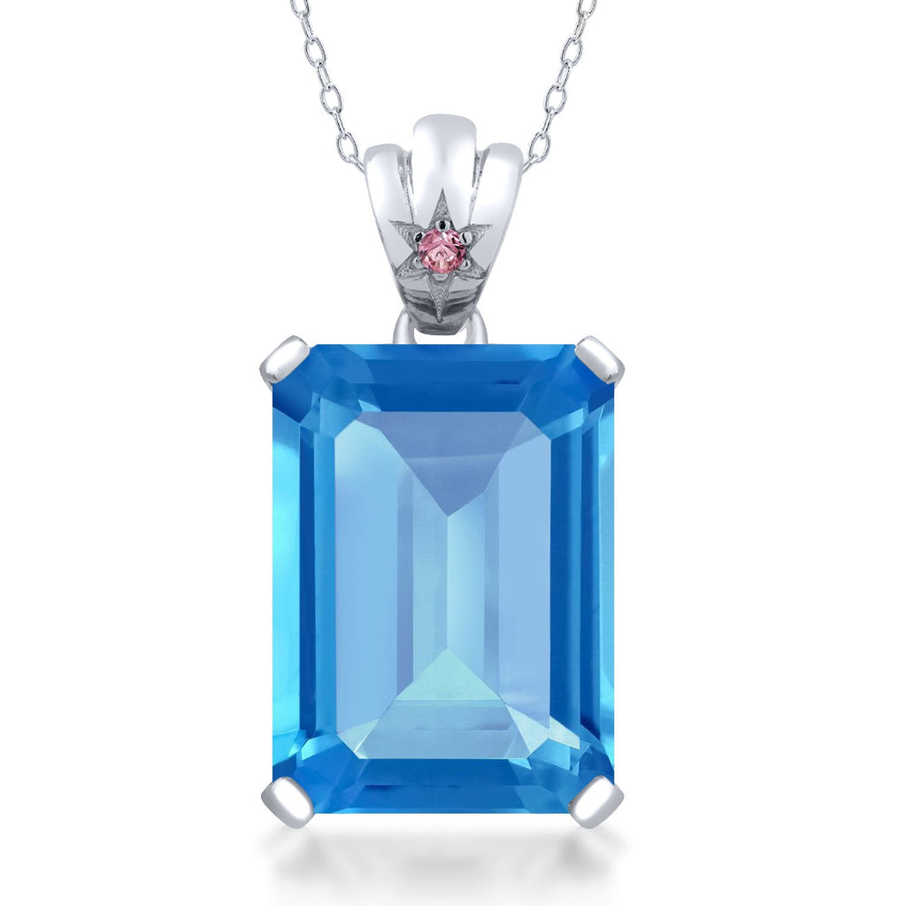 Gem Stone King 925 Sterling Silver Gemstone Birthstone and Pink Lab Grown Diamond Pendant Necklace for Women | Emerald Cut 18X13MM with 1.8MM Accent in Star-Set Bail | 18 Inch Chain | Fine Jewelry for Her Mom Wife