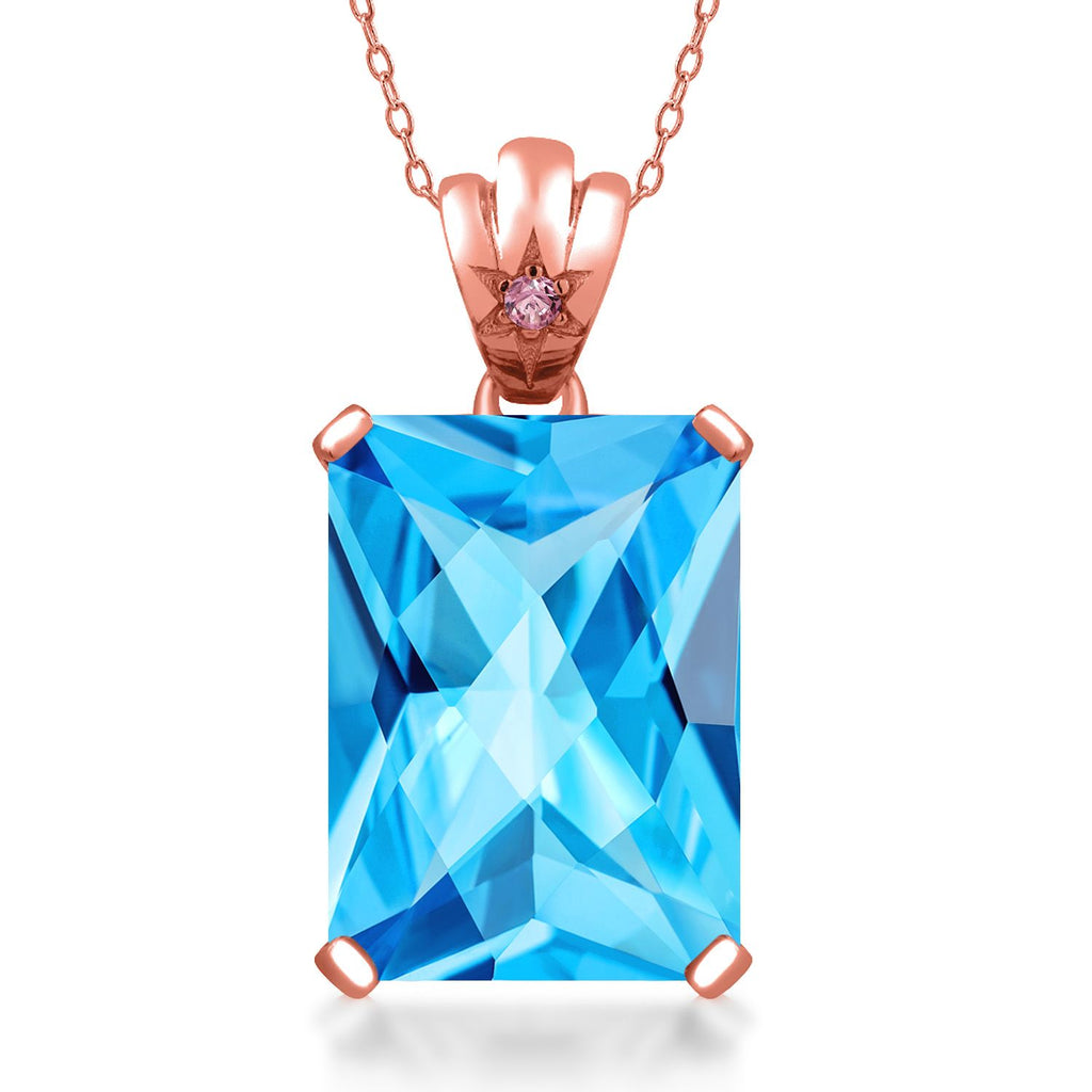 Gem Stone King Gemstone Birthstone and Pink Lab Grown Diamond Pendant Necklace for Women in 18K Rose Gold Plated Silver | Emerald Cut 18X13MM with 1.8MM Accent | 18 Inch Chain | Fine Jewelry for Her Mom Wife