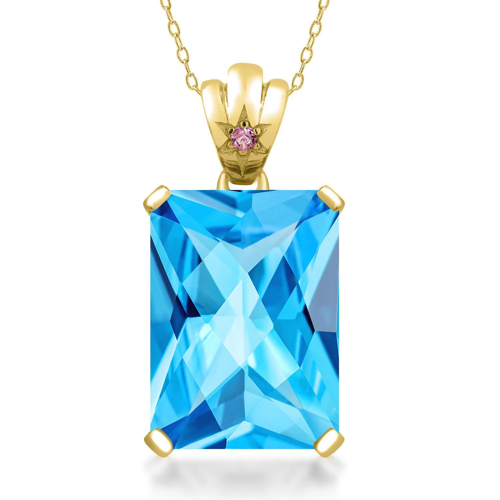 Gem Stone King Gemstone Birthstone and Pink Lab Grown Diamond Pendant Necklace for Women in 18K Yellow Gold Plated Silver | Emerald Cut 18X13MM with 1.8MM Accent | 18 Inch Chain | Fine Jewelry for Her Mom Wife