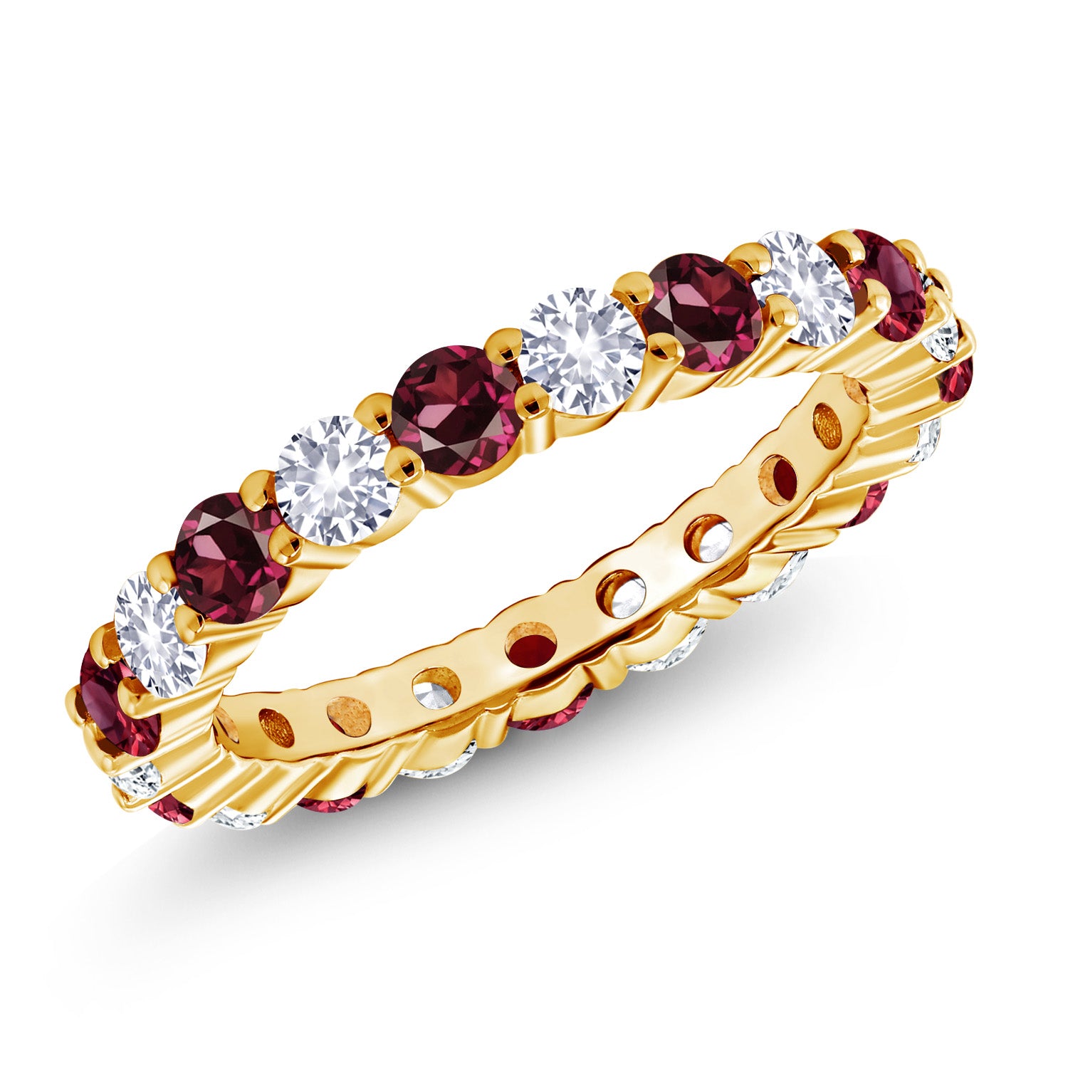 1.20 Ct Round Red Rhodolite Garnet and White Created Sapphire 18K Yellow Gold Plated Silver Eternity Band Ring