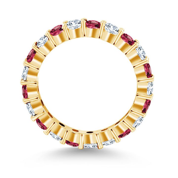 1.20 Ct Round Red Rhodolite Garnet and White Created Sapphire 18K Yellow Gold Plated Silver Eternity Band Ring