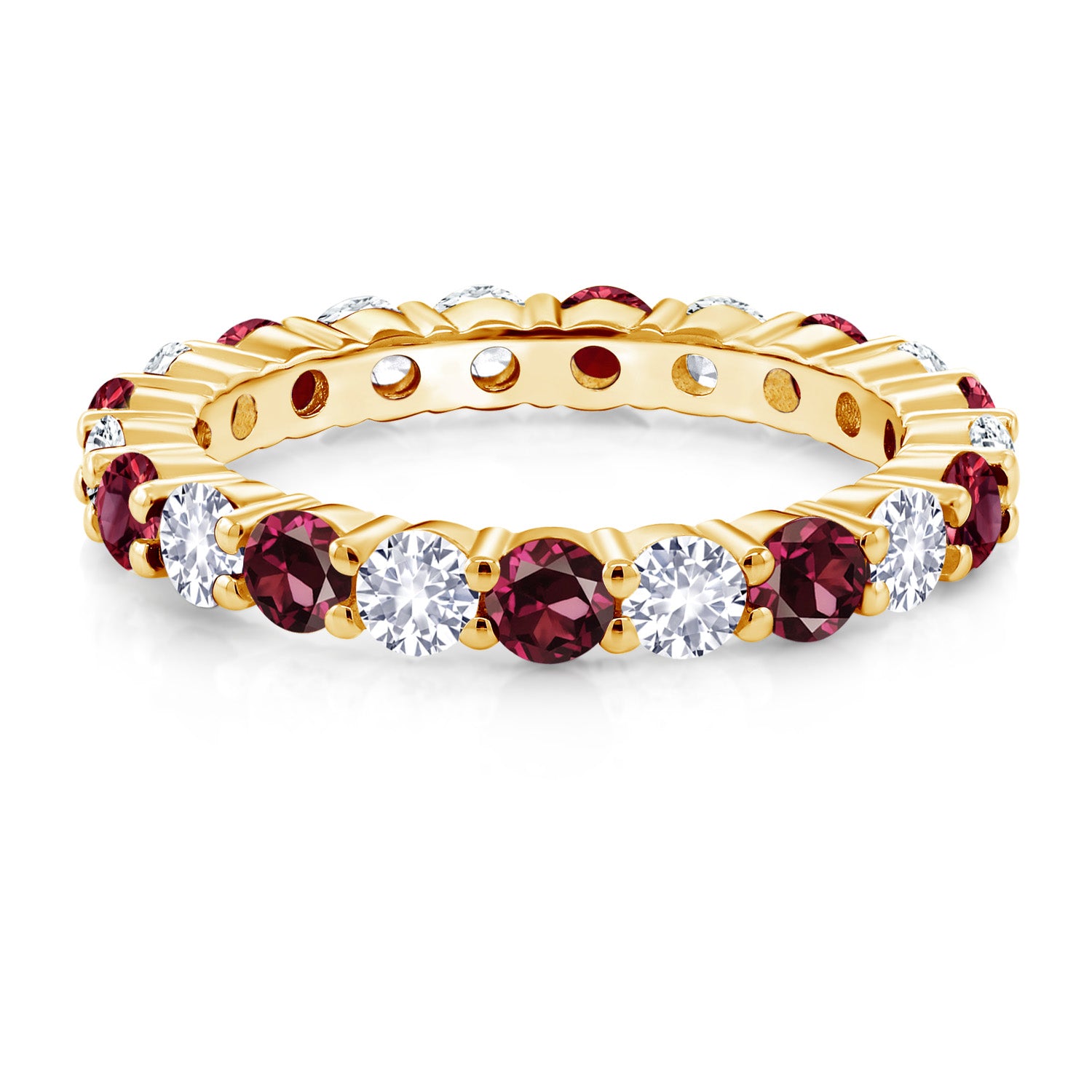 1.20 Ct Round Red Rhodolite Garnet and White Created Sapphire 18K Yellow Gold Plated Silver Eternity Band Ring