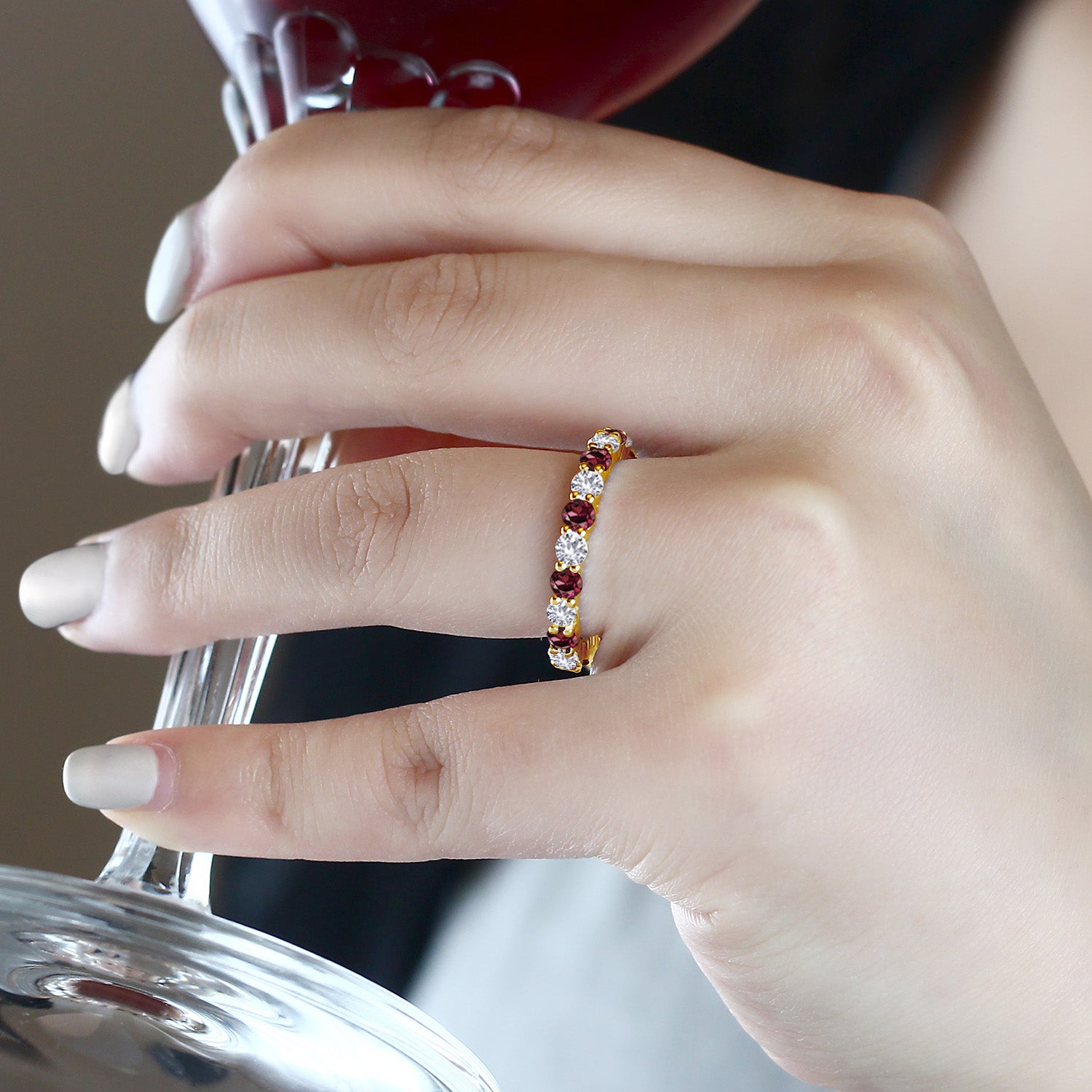 1.20 Ct Round Red Rhodolite Garnet and White Created Sapphire 18K Yellow Gold Plated Silver Eternity Band Ring