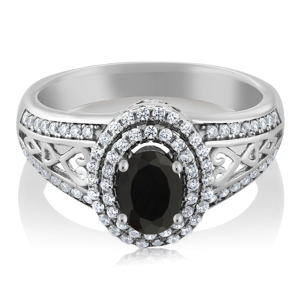 925 Sterling Silver Black Onyx Engagement Ring For Women (1.25 Cttw, Gemstone Birthstone, Available In Size 5, 6, 7, 8, 9)