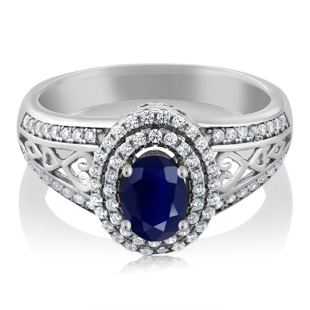 925 Sterling Silver Blue Sapphire Ring For Women (1.41 Cttw, Center Stone: 6X4MM, Gemstone Birthstone, Available In Size 5, 6, 7, 8, 9)